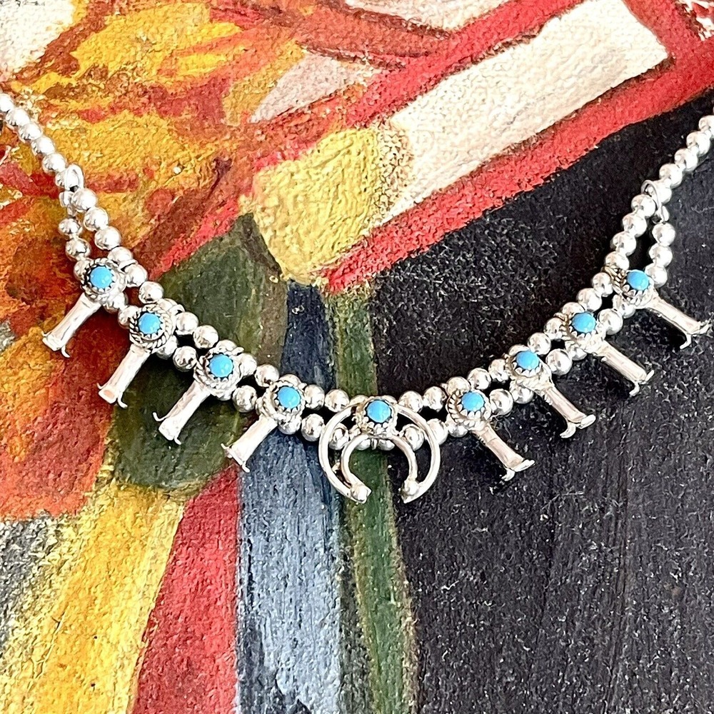 Baby Squash Blossom Necklace Signed LAR Larry Curley Navajo Turquoise Small USA - Picture 4 of 8